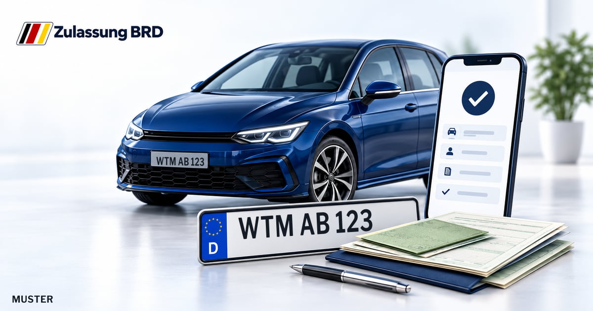 Online Fahrzeugzulassung in Landkreis Wittmund: Musterkennzeichen WTM AB 123, Auto und Fahrzeugpapiere und Smartphone. Illustration mit Logo von Zulassung BRD.